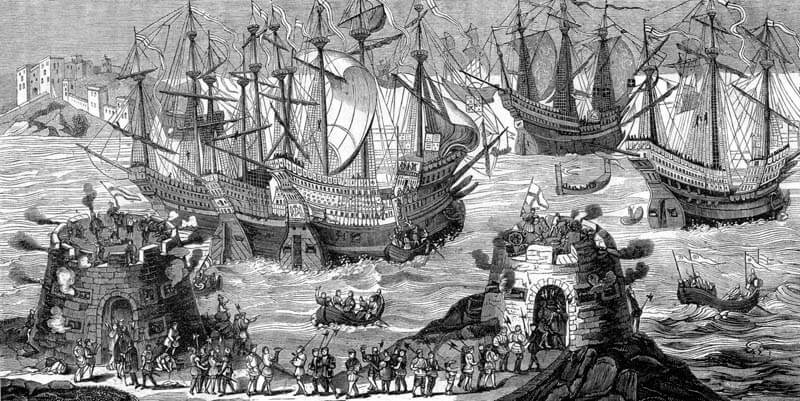 Illustration of Tudor gun forts in action; the fleet includes the warship Mary Rose.