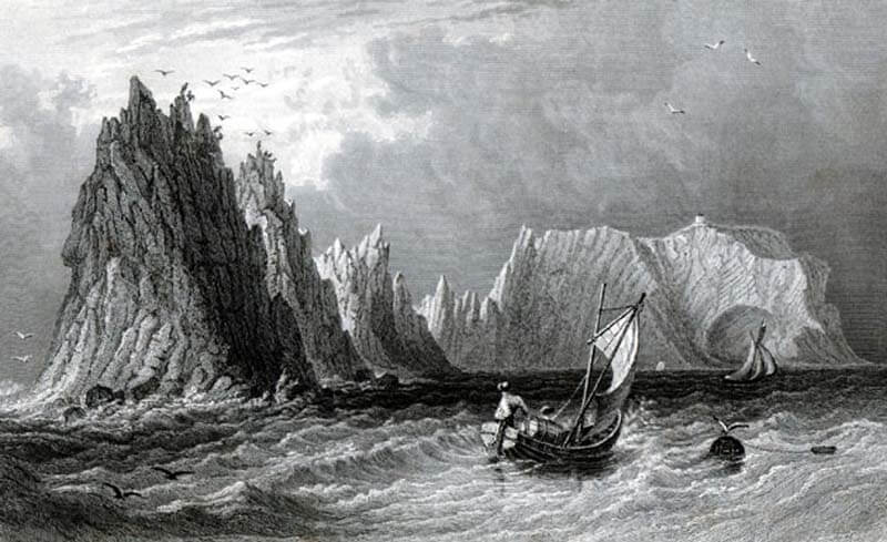 Victorian engraved image of the Needles Rocks circa 1850 by Thomas Barber