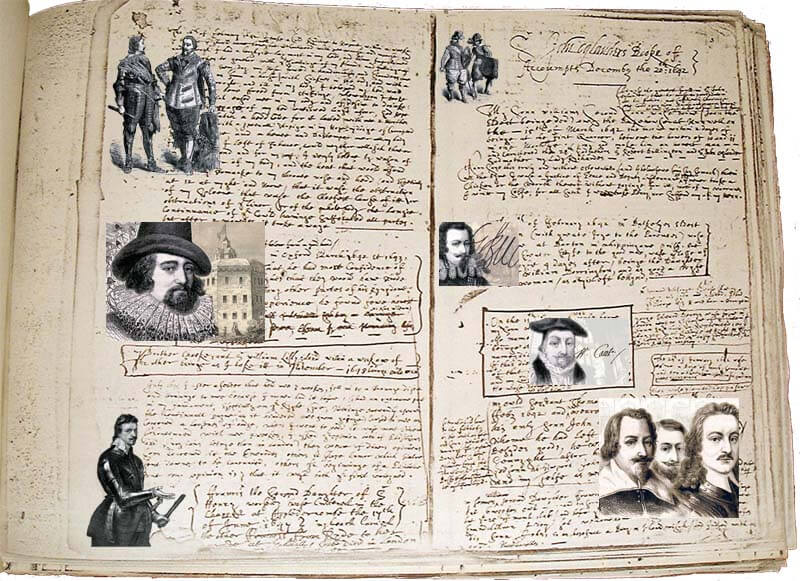 Illustration montage of Sir John's notebook entries, populated by the movers and shakers of his lifetime.