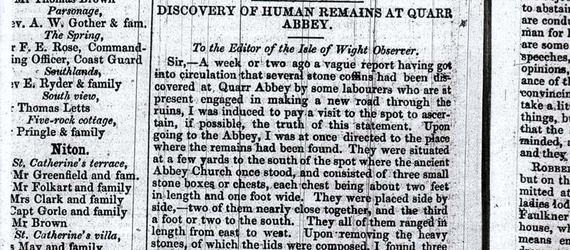 Image of Letter to the editor of the Isle of Wight Observer about a discovery at Quarr in January 1857.