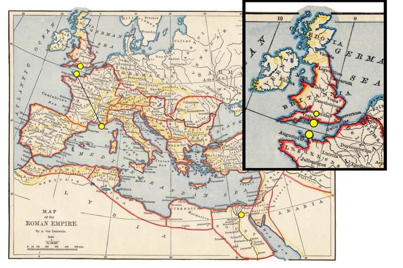 Map of Roman Europe, highlighted overland route from Marseilles to Normandy coast. Inset Isle of Wight and Stonehenge site.