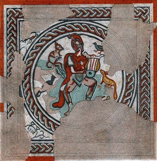 Photo image of mosaic pavement depicting Orpheus discovered in Chamber 6 of Morton Roman Villa.