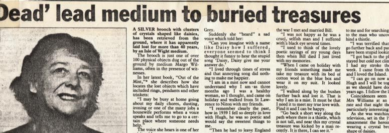 Newspaper headline featuring Ghost Hunter Margo Williams "Dead lead Medium to Buried Treasure".