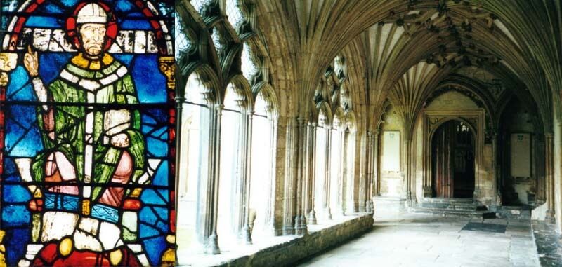 Photo imagesof stained glass depiction of Thomas Becket and cloister to the Martyrdom. Canterbury Cathedral.