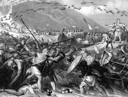 Illustration of Julius Caesar waging war against a Celtic army.