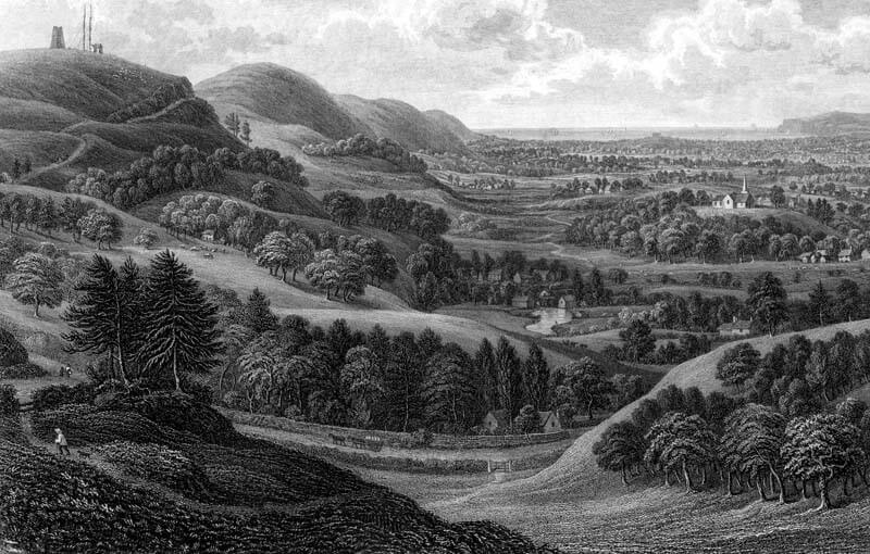 Illustration of beautiful Newchurch vale, featuring Knighton Gorges House, circa 1850.