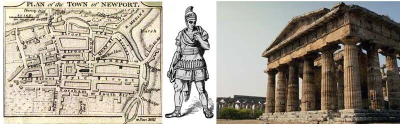 Montage images of Left: Newport town map. Right: temple of Poseidon at Paestum, Italy