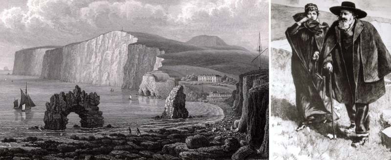 Photo image montage of Freshwater Bay circa 1850. Right image sketch of Tennyson on the Downs.