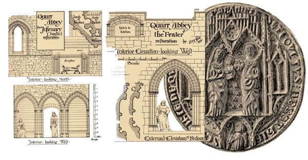 Photo image montage of architectural reconstruction sketches by Percy Stone. Right, Quarr Great Seal.