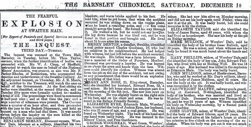 Photo image of an archived newspaper from 1870s identifying the victims in a colliery disaster.