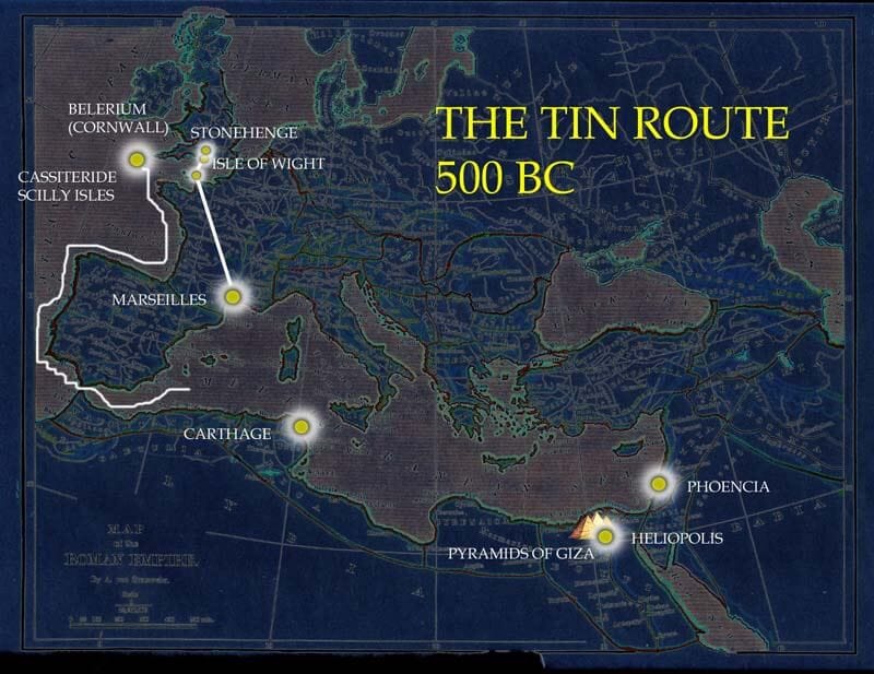 Photo image of map circa 500 BCE showing Tin Route overland from Marseilles to Normandy and then the Isle of Wight.