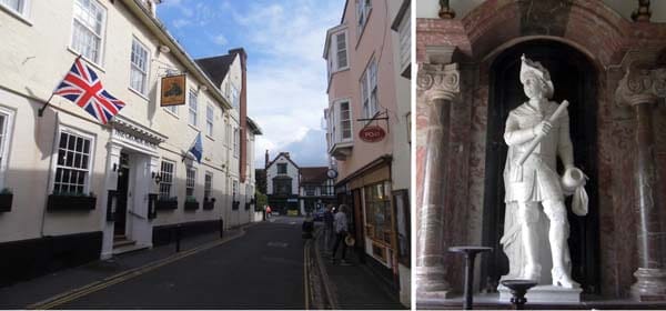 Photo image montage. Left Yarmouth Town, the George Hotel. Right, Admiral Sir Robert Holmes statue.