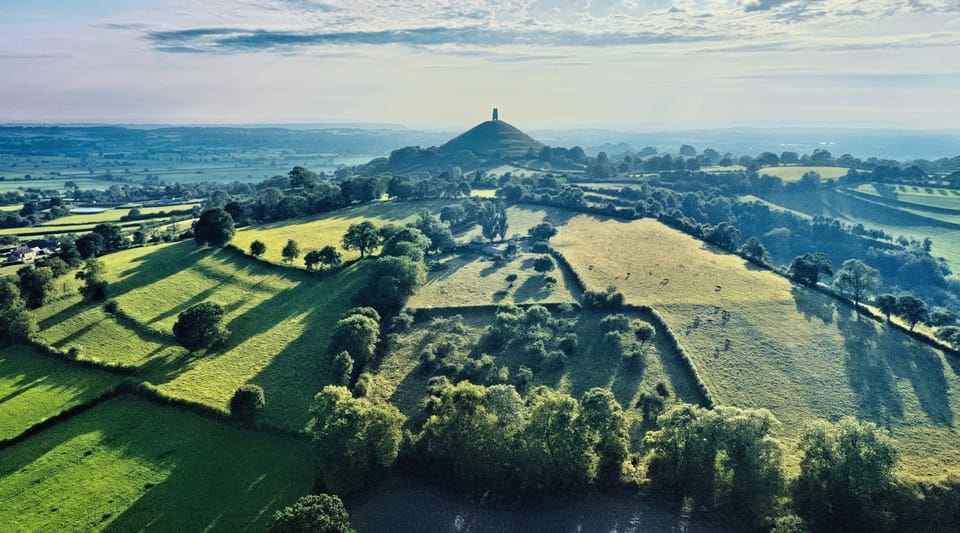 Aerial photo image of Glastonbury Tor, Somerset UK.